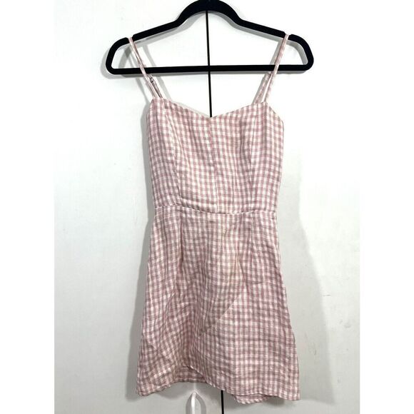Reformation Roarke Mini Dress Women’s 2 100% Linen Pink White Gingham Plaid - Picture 1 of 7